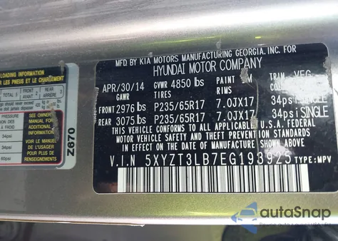 2014 Hyundai Santa Fe Sport 2.4L from USA, damaged, VIN 5XYZT3LB7EG193925